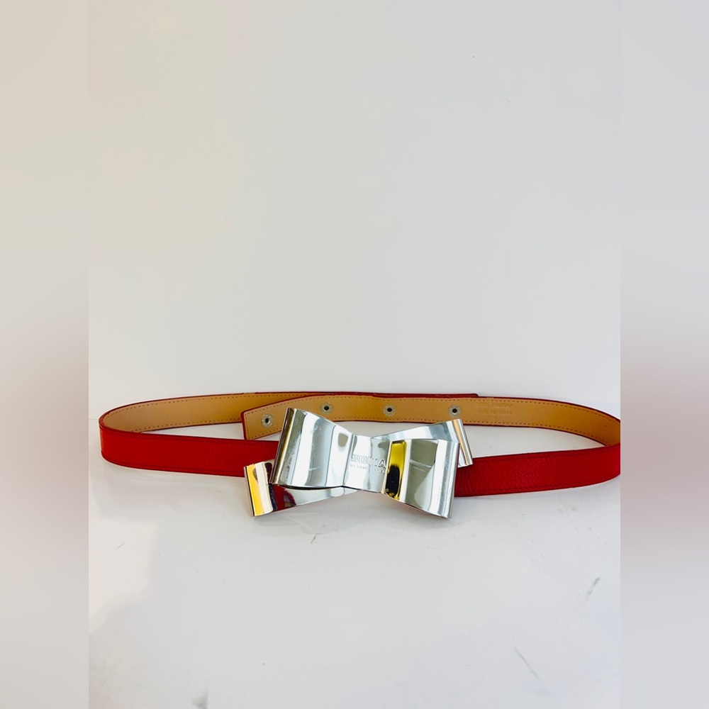Sonia Rykiel pink leather belt with silver metal bow embellishment